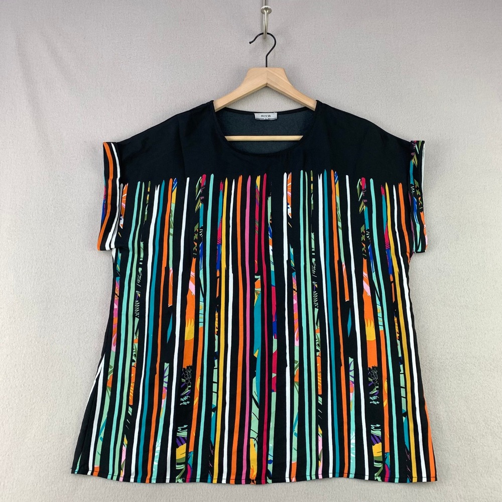 RIVA Multi Color Stripe Blouse Women M Black Abstract Short Sleeve